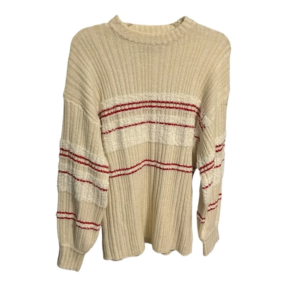 Urban Outfitters Snuggle Up Striped Pullover Sweater Sz XS Cream Red Cozy Fuz…